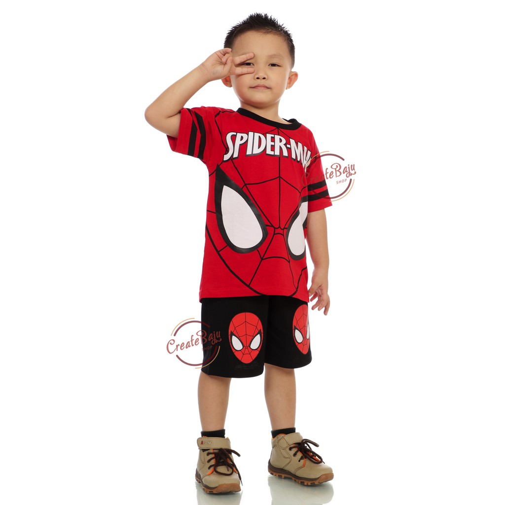 Setelan Anak Laki-Laki 1-9 Thn Spidermen Merah Baju Anak Laki-Laki Lengan Pendek