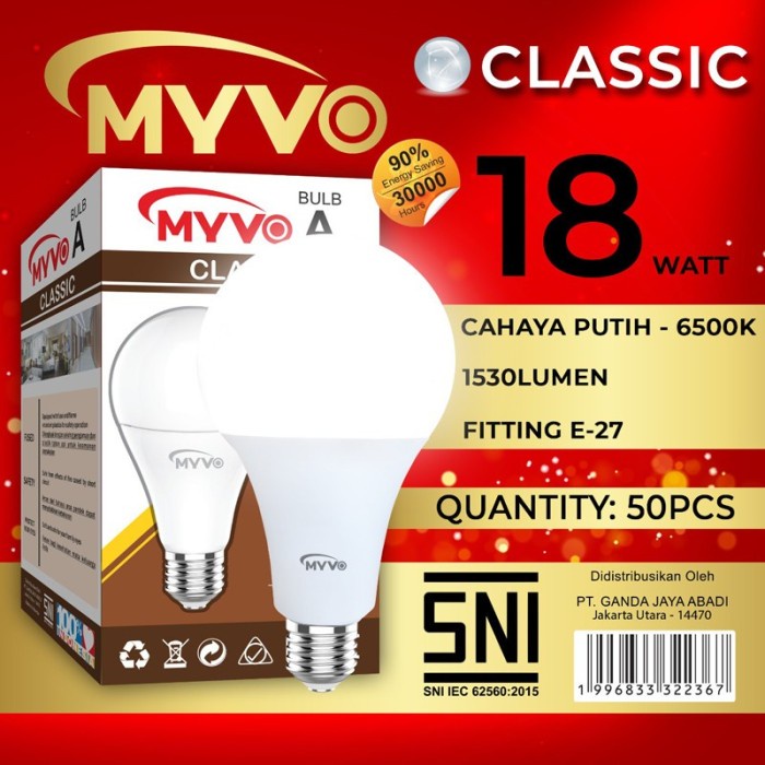 Lampu Bohlam Myvo Classic  LED 18 Watt Murah Terang Bergaransi LED BULB