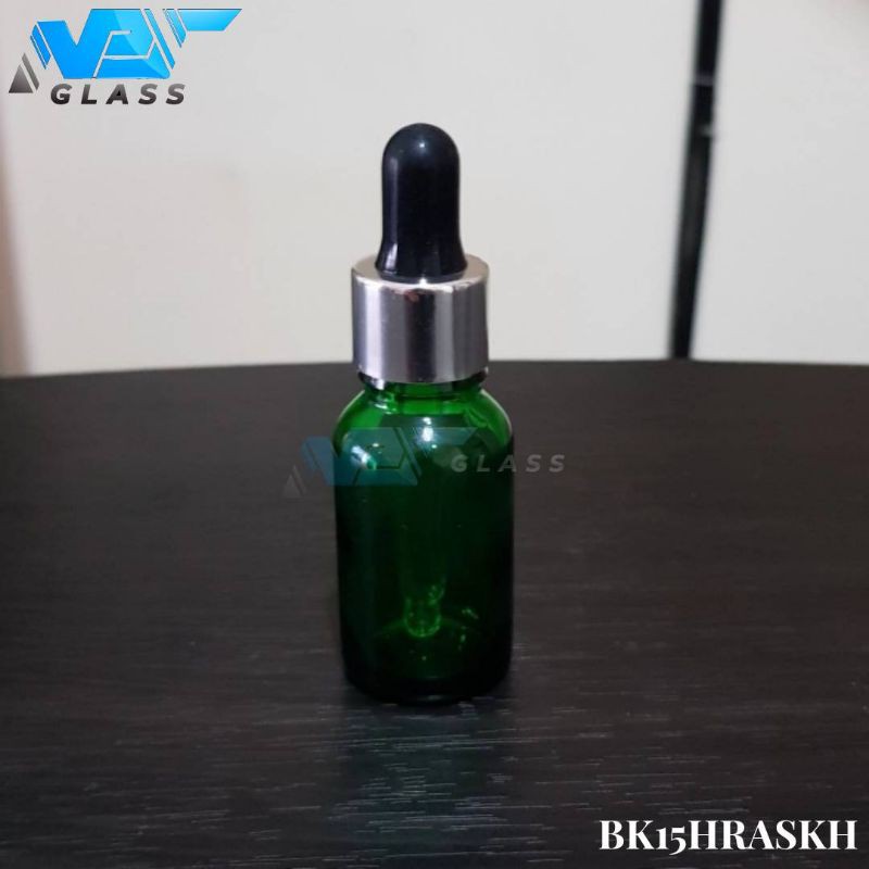 botol kaca pipet 15ml hijau - ring almunium silver