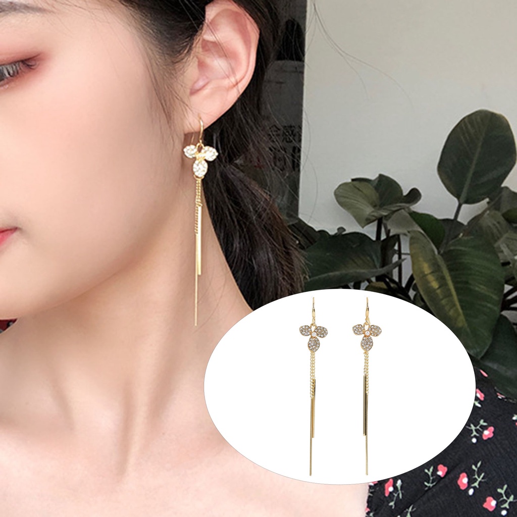 Hu Hu Hu Hu Hu Alat Bantu Pasang Kacamata♡ 1 Pasang Anting Rumbai Panjang Desain Tiga Daun Kelopak Bunga Anti Karat Untuk Wanita