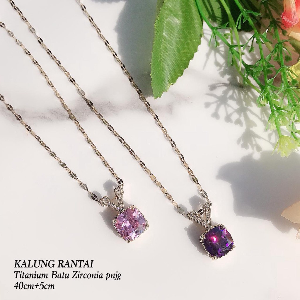 COD kalung fashion wanita titanium asli anti karat korea style model liontin zirconia square stone