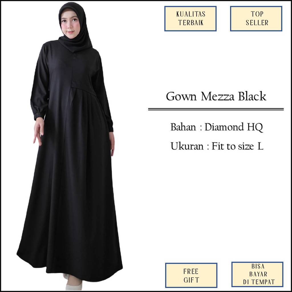 Baju Gamis Syari Haji Hitam Black Bahan Diamond Kombinasi Plisket Polos Bahan Diamond Size L M1152