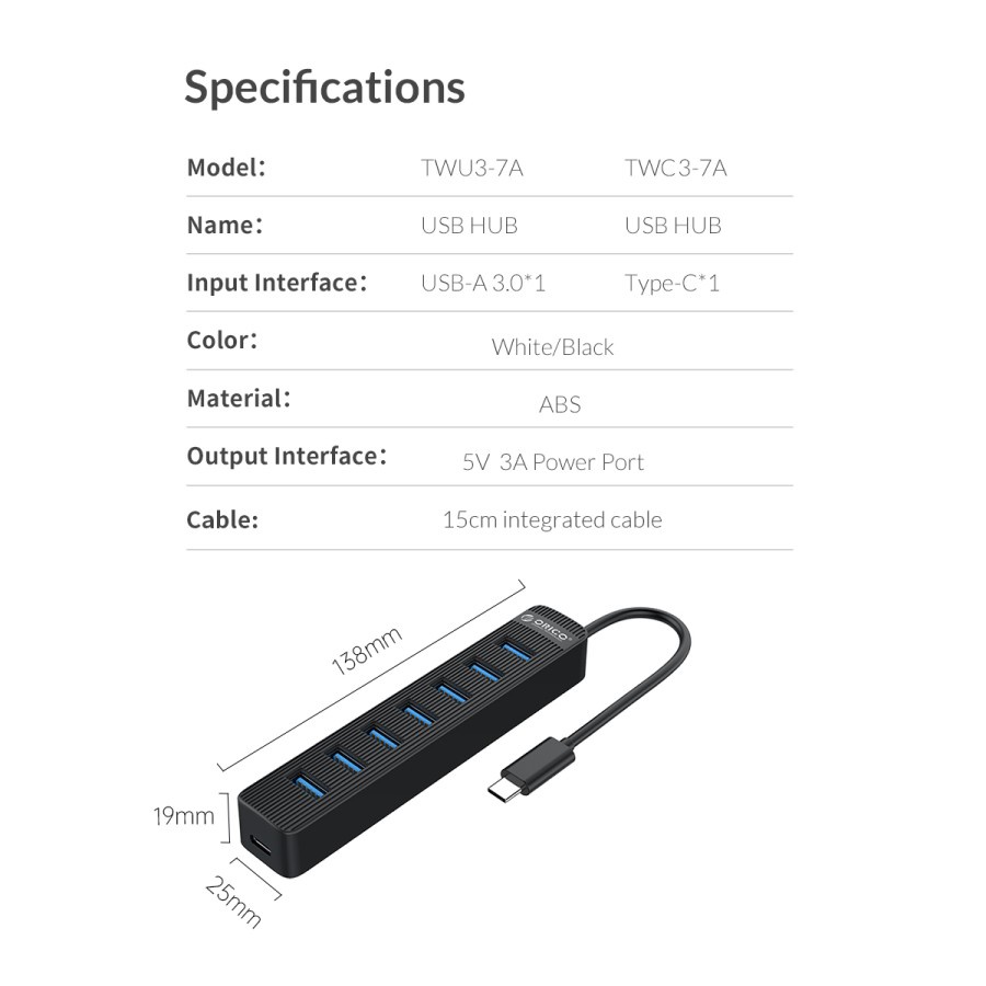 ORICO TWC3-7A Type C Hub 7 Ports USB 3.0 5Gbps