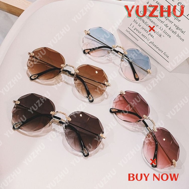 (YUZHU) TERSEDIA &amp; COD Kacamata Hitam Wanita Korea Gaya Frameless Kaca Mata Bulat Cewek Murah Sunglasses