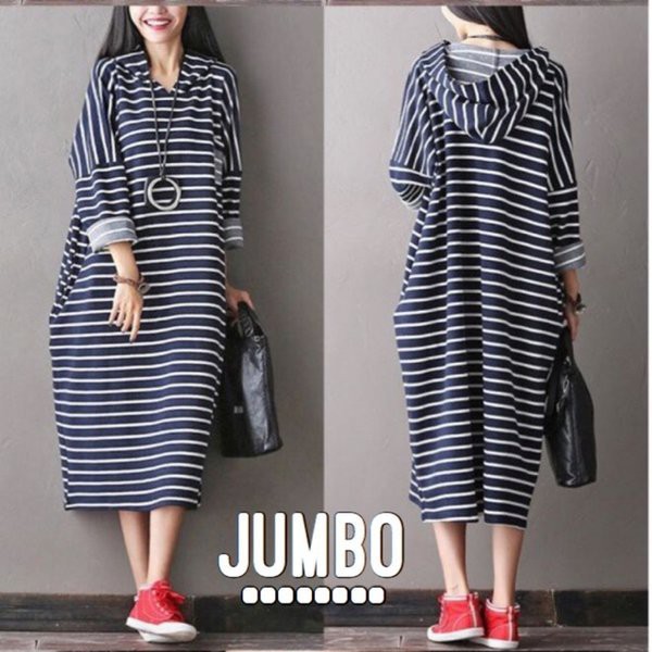 Bess - Dress Hoodie Jumbo Wanita Murah / Dress Hoodie Salur Jumbo