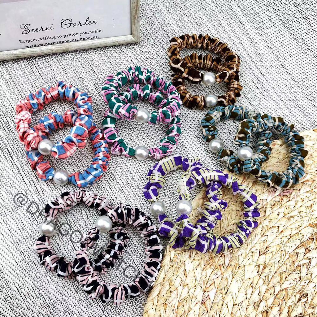 [Fashion Wanita] Ikat rambut mutiara motif Kotak-kotak gaya korea elastis cincin rambut import  T011