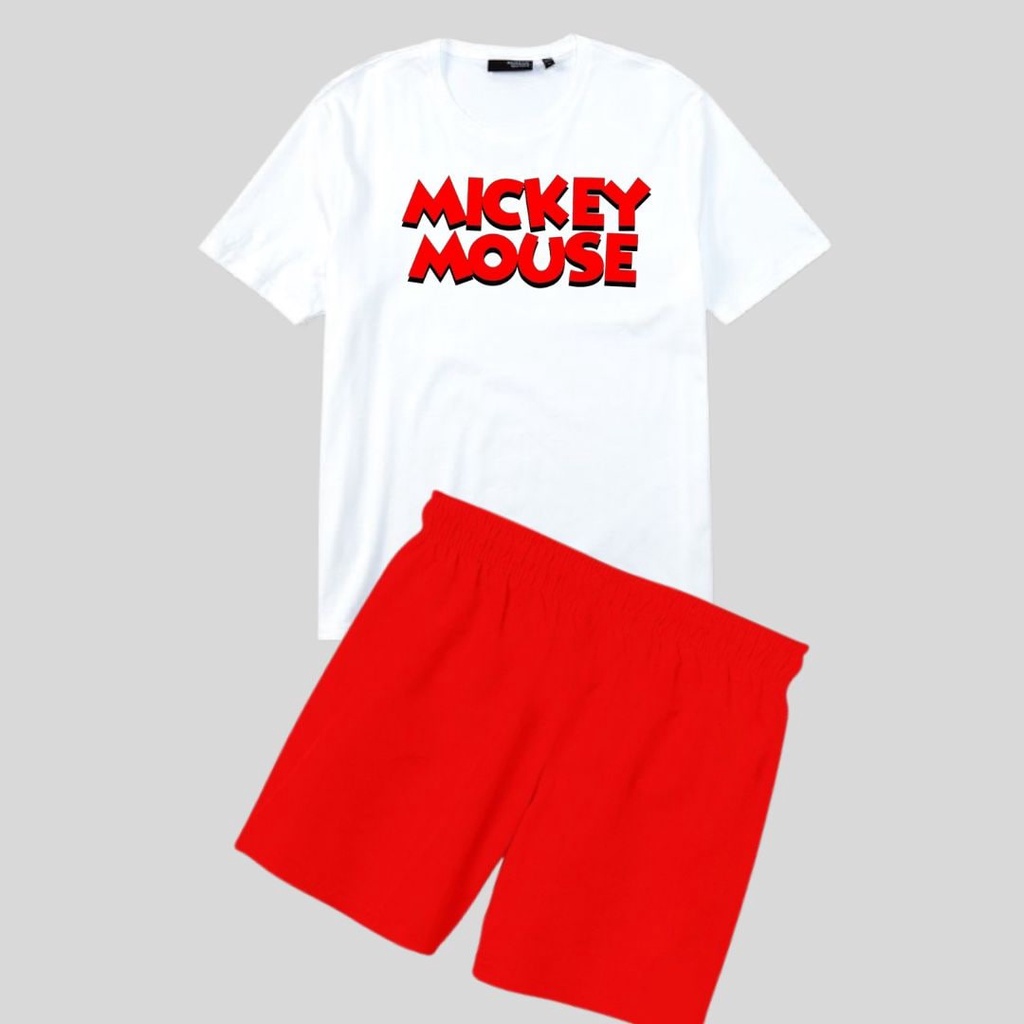 Clothing May - 1 Set Merah Putih Mickey Mouse 1 Set One Set Oneset Satu Pasang Satu Setel Fashion Sepasang Kaos Koas Set Boxer Distro Kekinin T Shirt Tshirt T-Shirt Premium Murah Unisex Sablon Dtf Murah Celana Pria Pendek Tali Kolor Bokser