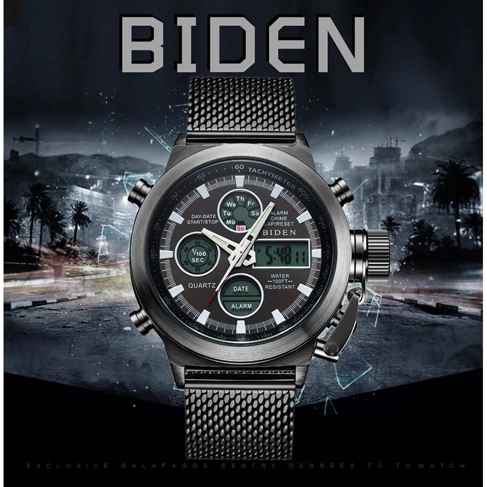 JAM TANGAN PRIA BIDEN 0031 DUAL WATCH LED DIGITAL ANALAOG QUARTZ TALI STRAP STAINLESS STEEL IMPORT