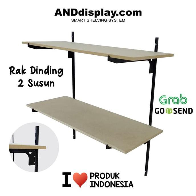 RAK DINDING 2 SUSUN TIANG BRACKET BESI DEKORASI BUKU PAJANGAN KAYU