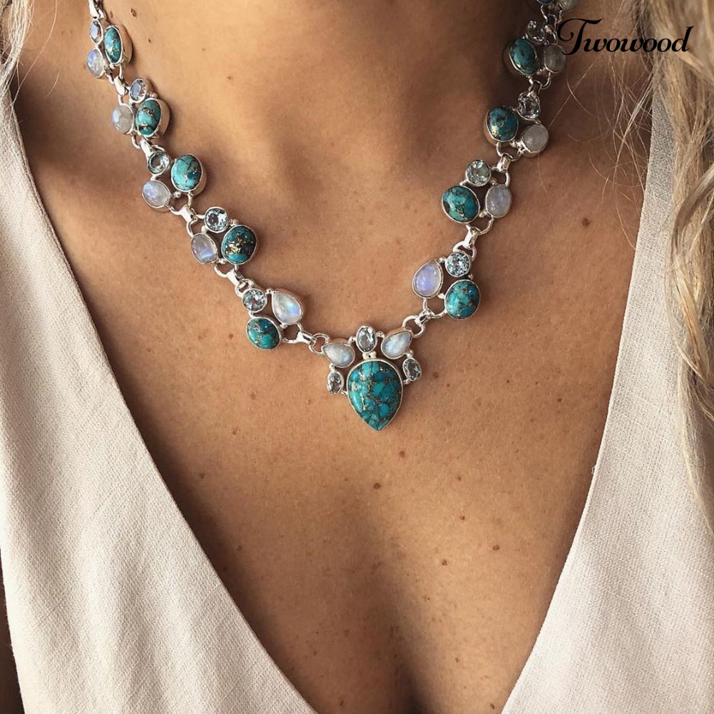 Kalung Rantai Choker Dengan Liontin Opal Turquoise Imitasi Untuk Wanita