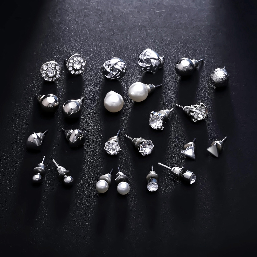 12 Pasang / Set Anting Stud Kristal Buatan Bahan Alloy Warna Emas Perak Untuk Wanita