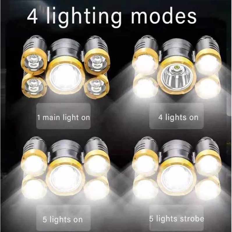 Senter Kepala 5 LED 4Mode Rechargeable USB Waterproof Anti hujan Super Terang / Head Lamp 5 Light