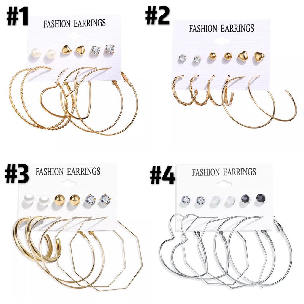 [Bayar Di Tempat] 6 Pasang Anting Tusuk Bentuk Lingkaran Geometris Bahan Alloy untuk Wanita