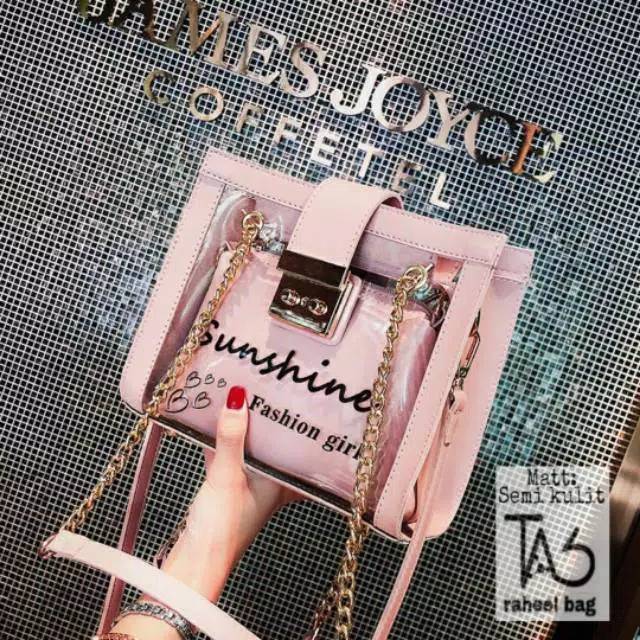 Sumshine Fashion Girl Tas Selempang Tali Rantai PVC 2in 1 Transparan Untuk Wanita