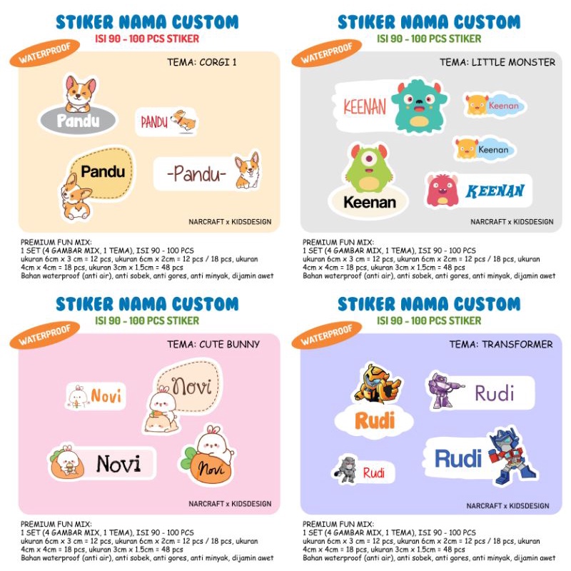 

90-100 PCS LABEL ANAK CUSTOM CUTE MIX STIKER WATERPROOF BOYS / GIRL