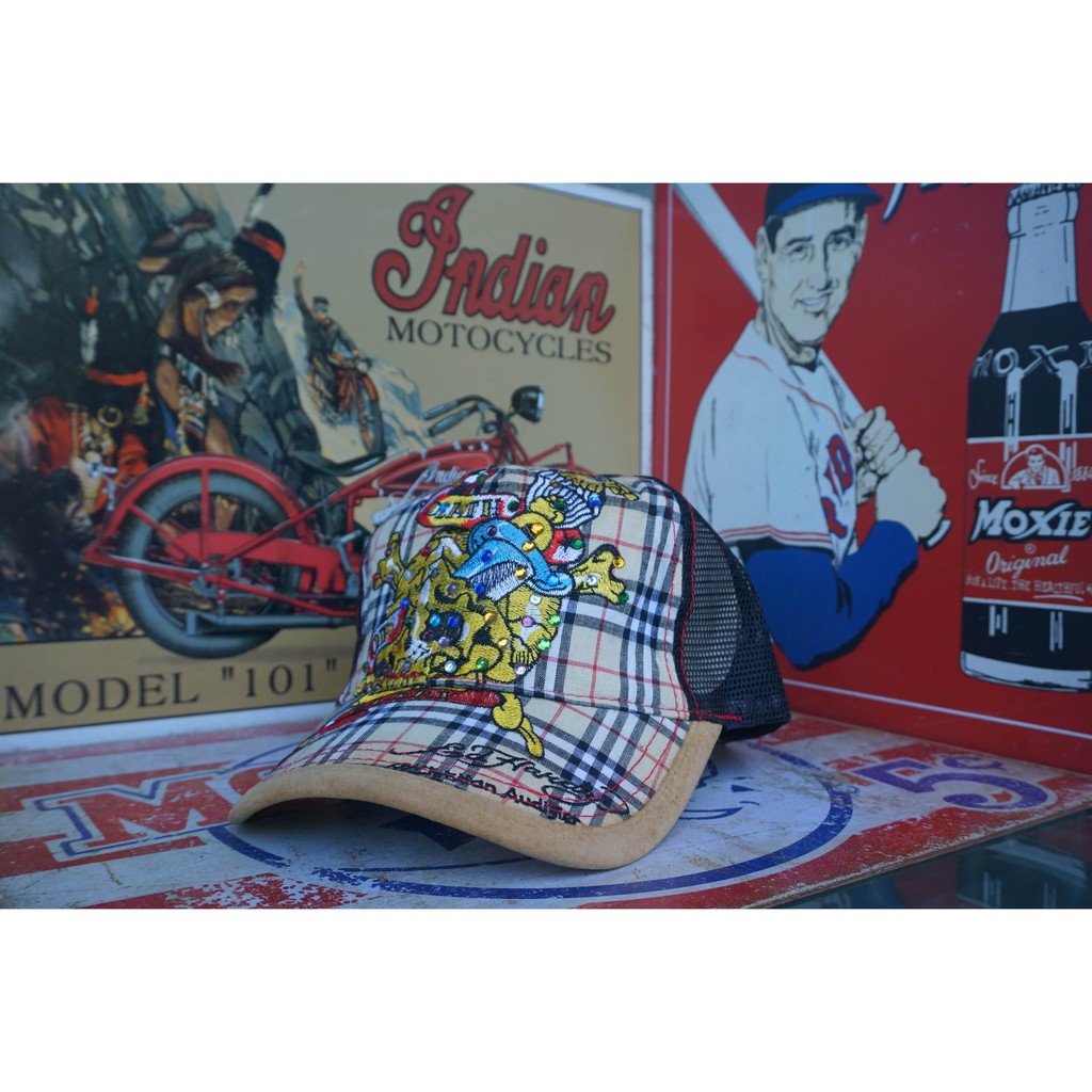 Trucker Hat Topi Ed Hardy Unisex One Size Cream Plaid