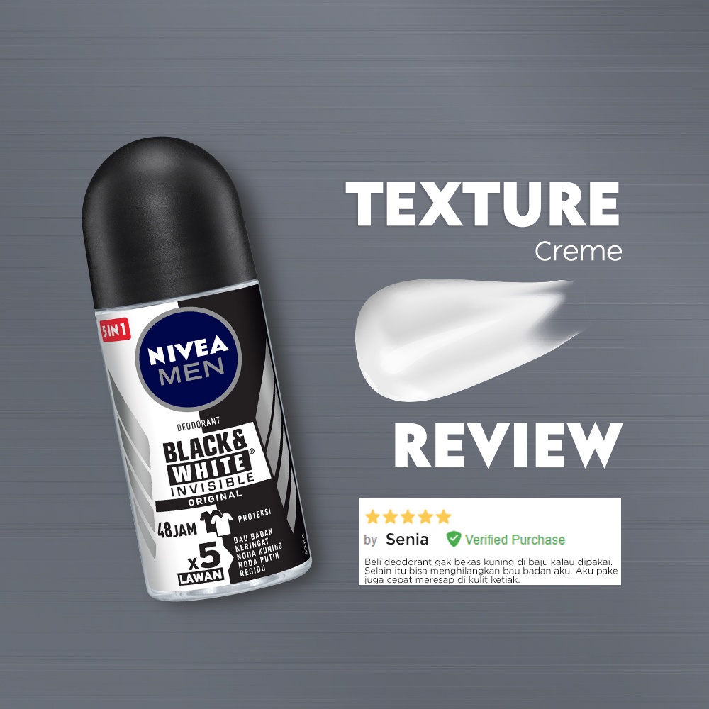 NIVEA MEN Deodorant Roll On Black &amp; White Invisible Original 50ml - Perlindungan 48 jam, tanpa noda