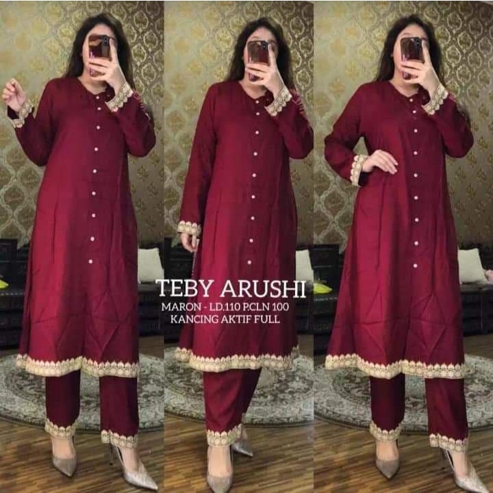 Teby Arushi - One Set Tunik Renda Arab Rayon Viscose Lengan Panjang Setelan Wanita Kekinian Import