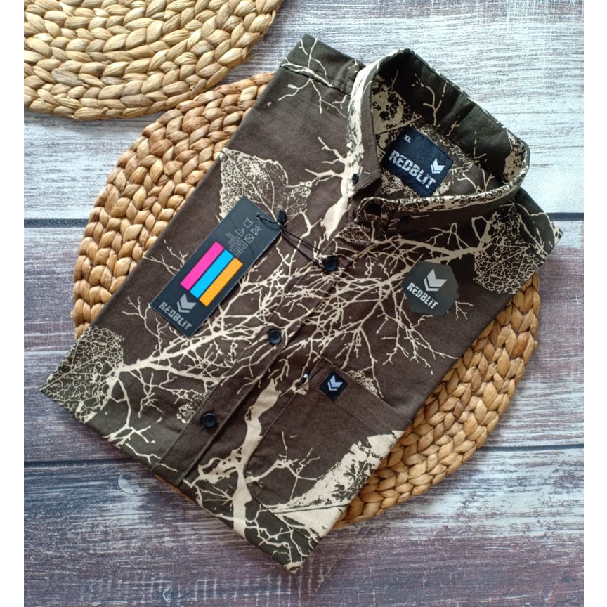 01 Real Pic Kemeja Motif Lengan Pendek merek REDBLIT Bahan Rami/Linen-GAMBAR 1