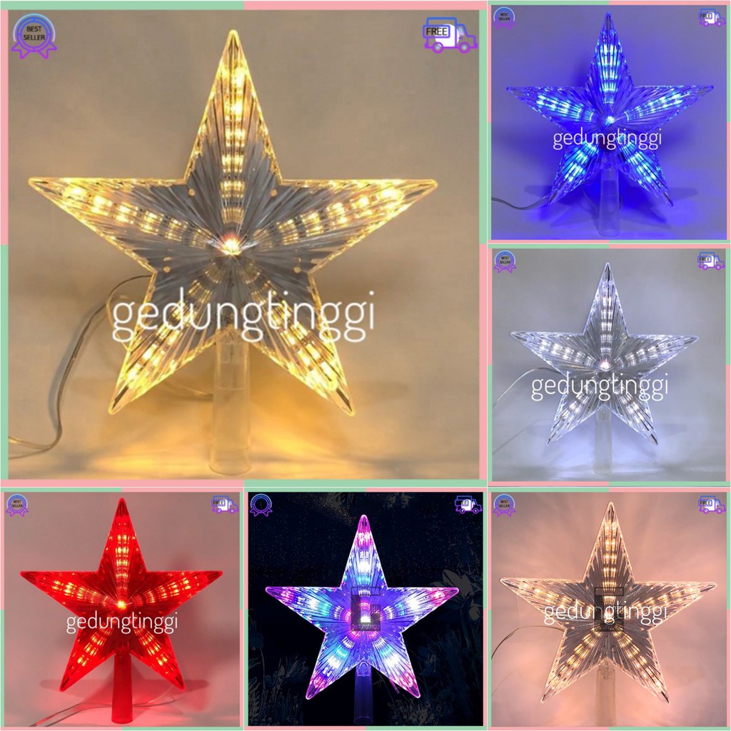 Lampu Bintang Topper Pohon Natal Led Dekorasi Hiasan Aksesoris Ornamen Hias Merry Christmas Tree Light Accesories Decoration Decor Warna Warni Warm White Kuning Rgb Pink Ribbon Lamp Musik Baterai Tumblr Tirai Kawat Rusa Gantung Pintu Dinding Rumah Gereja