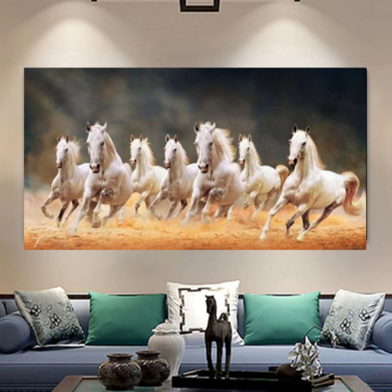 Pajangan Hiasan Dinding Dekorasi Ruang Tamu  Kuda Putih Bahan Kain Kanvas Asli