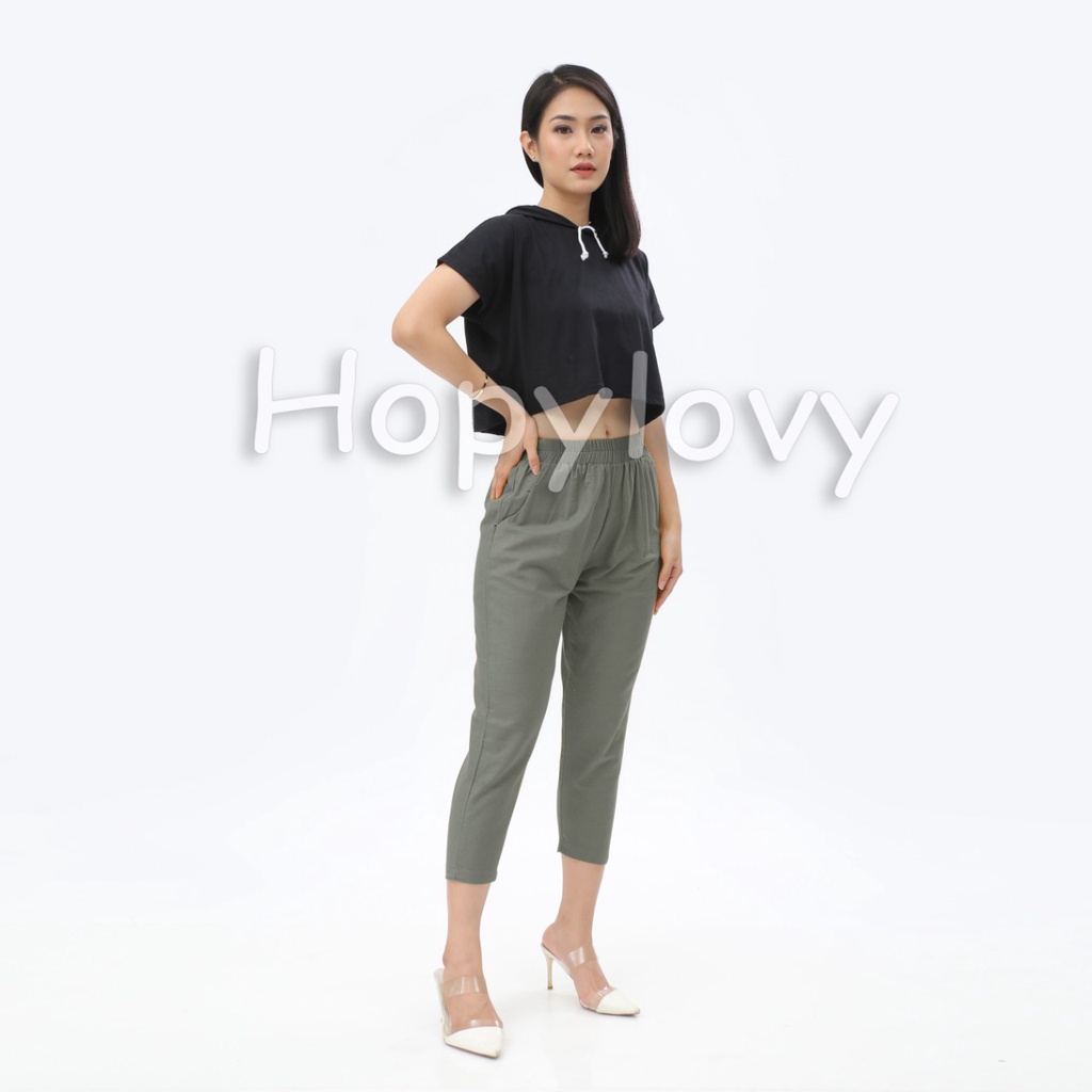 HOPYLOVY - Celana Panjang Wanita 7 per 8 bahan Katun Rami / Celana Wanita bahan Linen
