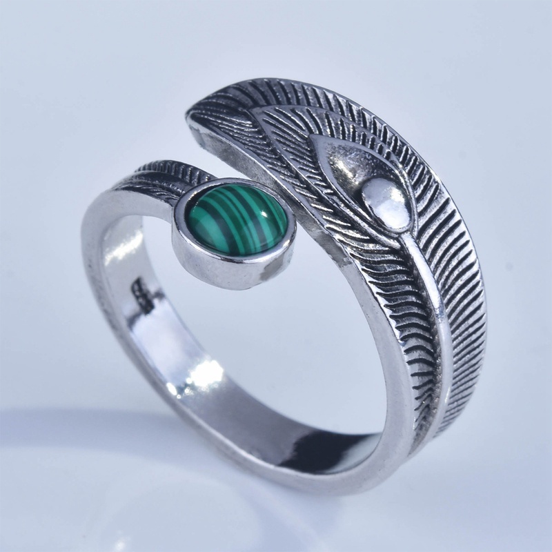 Fancyqube Cincin Model Terbuka Desain Bulu Batu Malachite Warna Hijau Gaya Boho Vintage Untuk Wanita