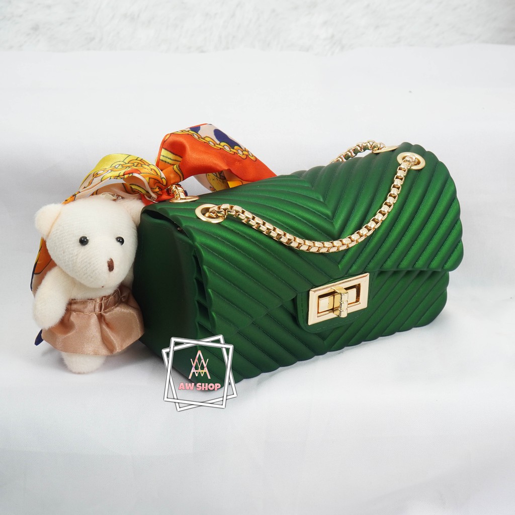 (Cod) Tas Wanita Jelly Matte Salur Size 18 Cm (Gratis Boneka &amp; Syal)