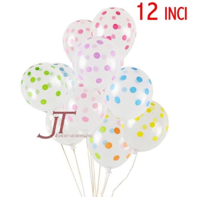 Balon Latex Polkadot Transparan 12 INCI (isi 5 Biji) Balon transparan