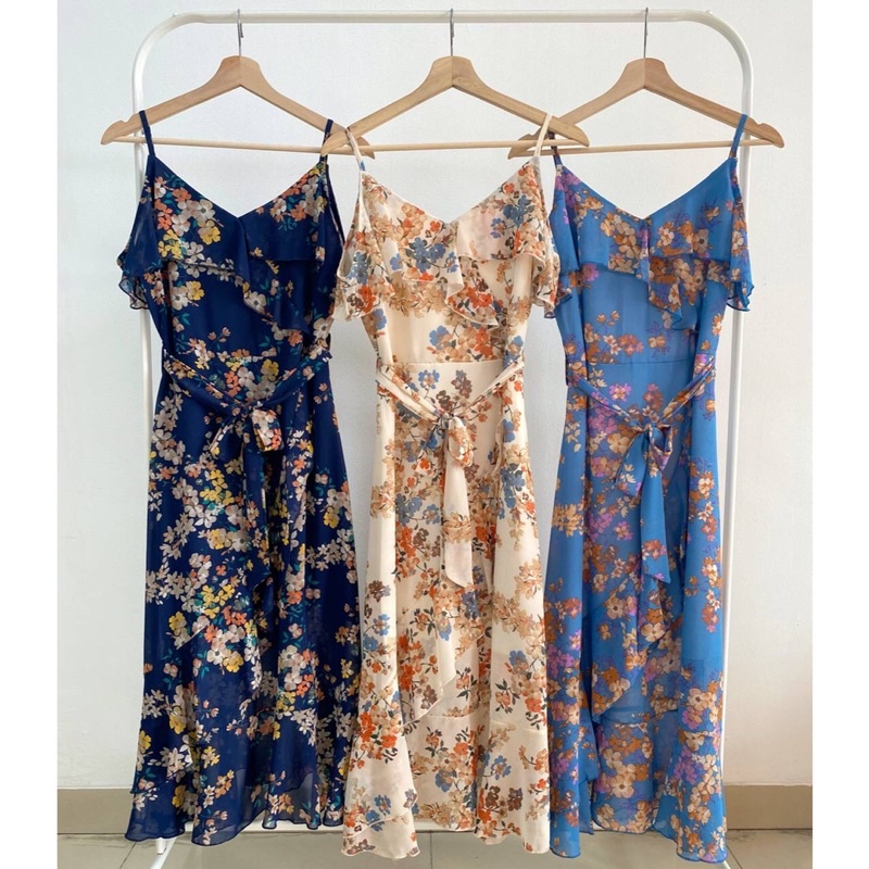 Dress Import Terbaru Model Bahu Terbuka Bahan Sifon/ Midi Dress Flowers/ Dres Wanita Motif Bunga