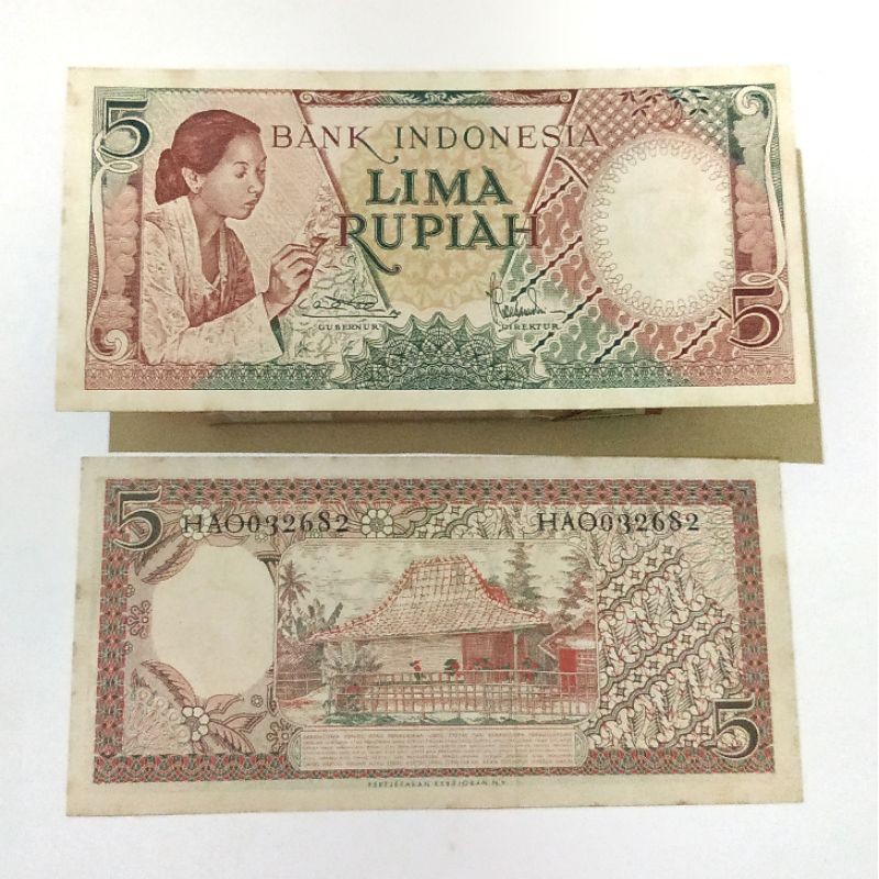(GRESS/AU/UNC) UANG KUNO KERTAS ASLI 5 RUPIAH SERI PEKERJA TAHUN 1958