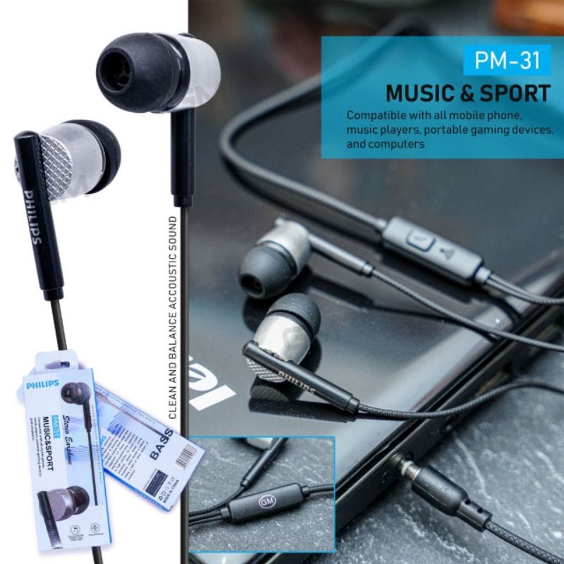 Headset PHILIPS PM-31 EXTRA BASS Handsfree PHILIPS PM31 EXTRABASS Earphone PHILIPS PM-31 EXTRA BASS