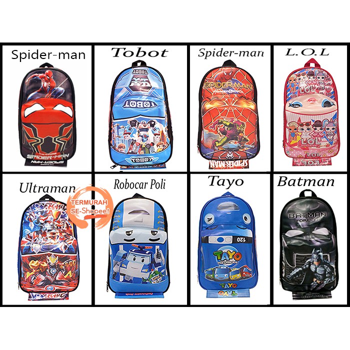 TAS RANSEL BENTUK MOBIL ANAK KARAKTER TOBOT/LOL/BATMAN/ULTRAMAN/SPIDERMAN/TAYO/POLI 8350