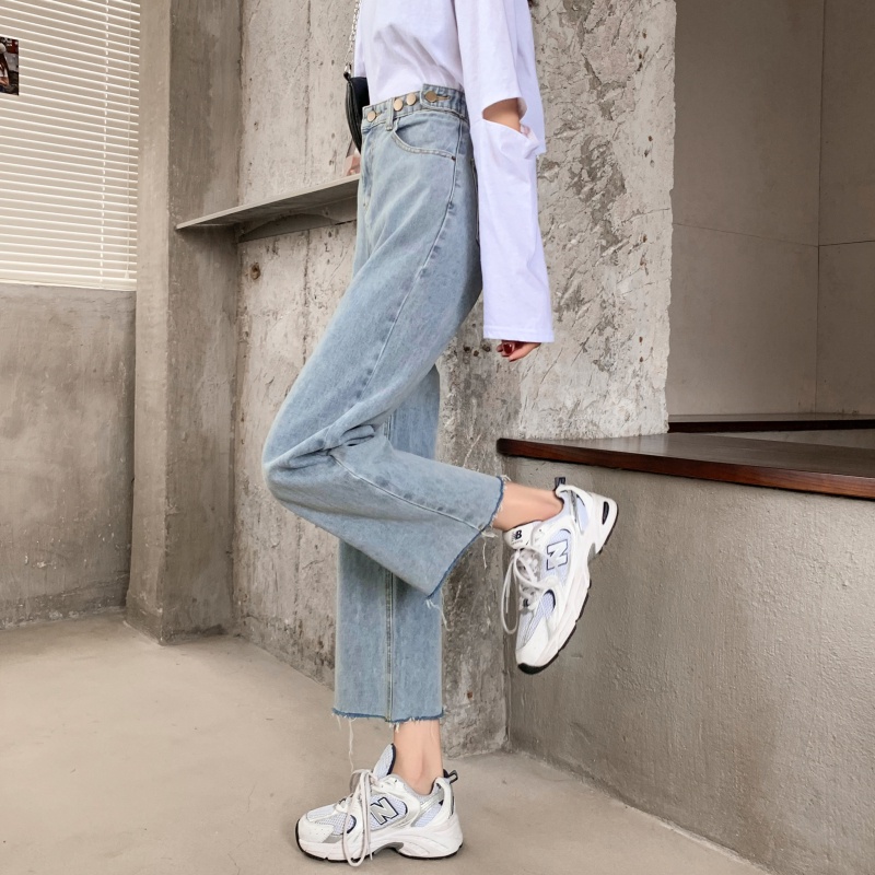 korean style new biru muda straight boyfriend celana jeans longgar wanita