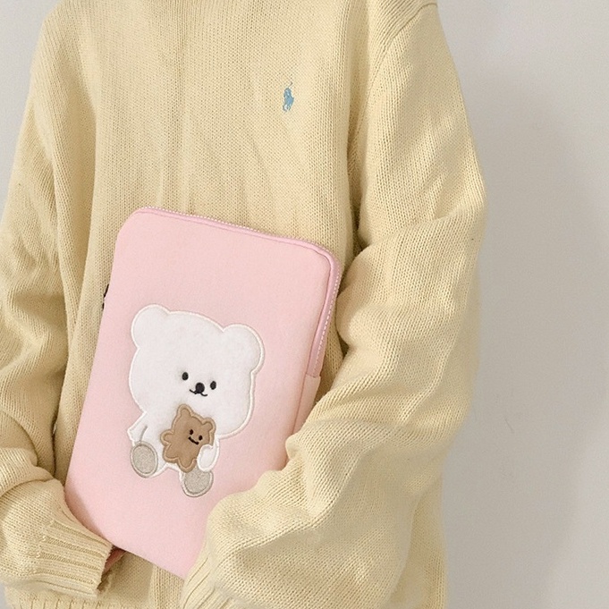 Sleeve Pouch Sarung Tas Bag Case Ipad Tab Tablet Macbook Air Pro Laptop Asus Acer Lenovo HP Huawei 11 12 13 14 15 inch Motif Gambar Beruang Bear Warna Pink Soft Lucu Cute Murah Korean Model