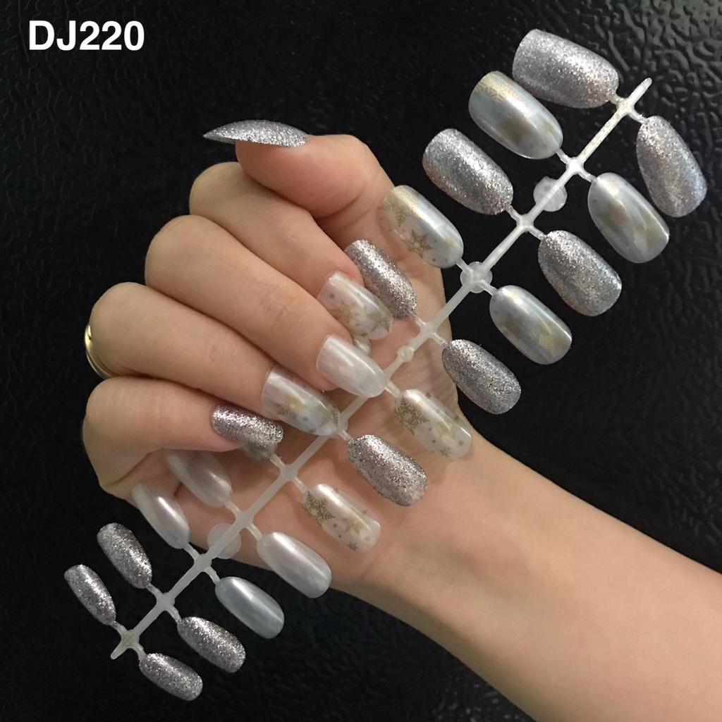 24Pcs Kuku Palsu Murah Motif / Fake Nails Motif Gliter Glossy Nude / Nail Art Kuku Palsu