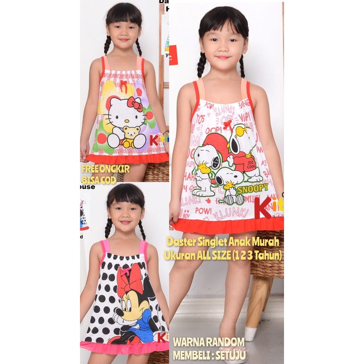 KEN - Daster Singlet Terusan Tunik Anak Kaos PRINTING Motif SNOOPY HELLO KITTY MICKEY MOUSE 1-3 TAHU