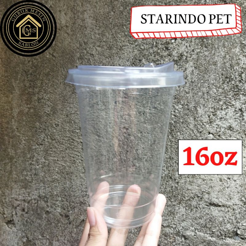 Starindo PET 16oz Datar + Tutup Strawless
