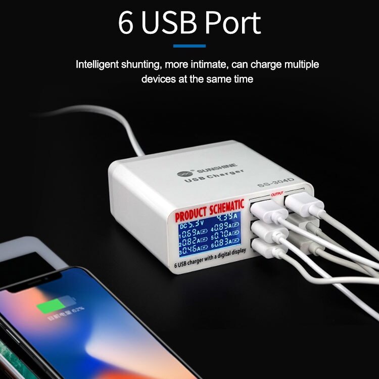 USB Charger With Digital Display 5V 6A Output 3.5A Max High Speed 6-Ports