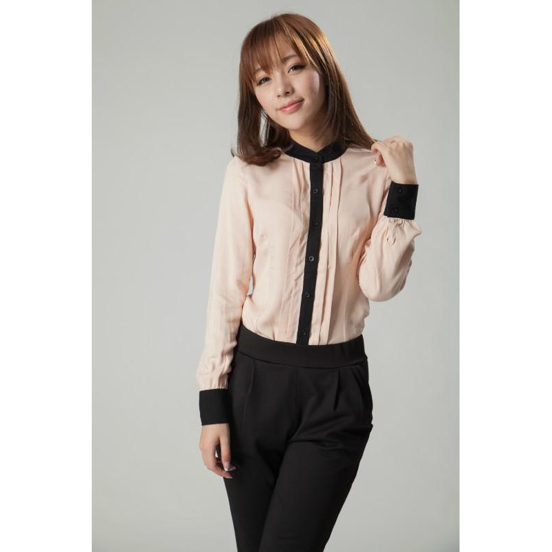 New Women's Cute Pink Patchwork Chiffon Shirt