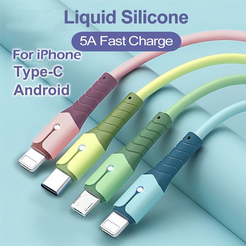 Kabel Data / Charger 5A Fast Charging Bahan Silikon Lembut Panjang 0.25m / 1m / 2m Untuk Apple / Android