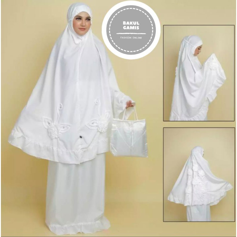 MUKENA PUTIH BUNGA TIMBUL / MUKENA DEWASA JUMBO BESWAY / MUKENA MURAH MEWAH