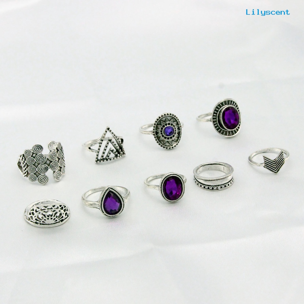 9 Pcs / set Cincin Buku Jari Aneka Bentuk Warna Ungu Bahan Alloy Gaya Bohemia