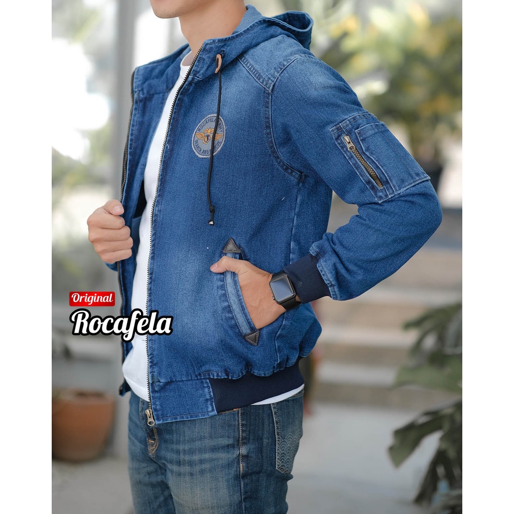 (Cod) Jaket Jeans Denim Kupluk Jaket Casual Pria Jaket Denim Pria Jaket Jeans Bomber Topi