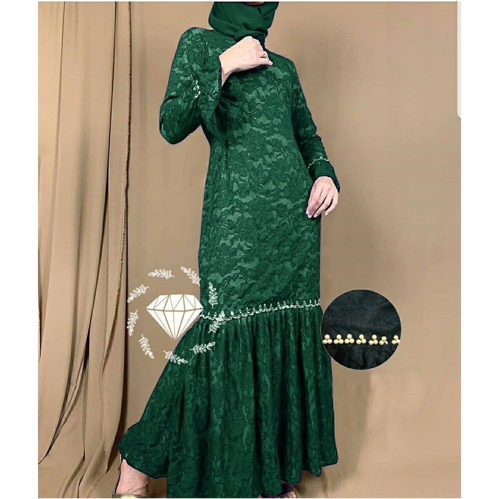 PCS MAXY NURHALIZA DUYUNG MUTIARA BRUKAT FASHION PAKAIAN WANITA DRESS GAMIS MAXI 5 UKURAN M L XL XXL 3XL MS ADA VIDEO REVIEW ASLI PRODUK-Hijau L