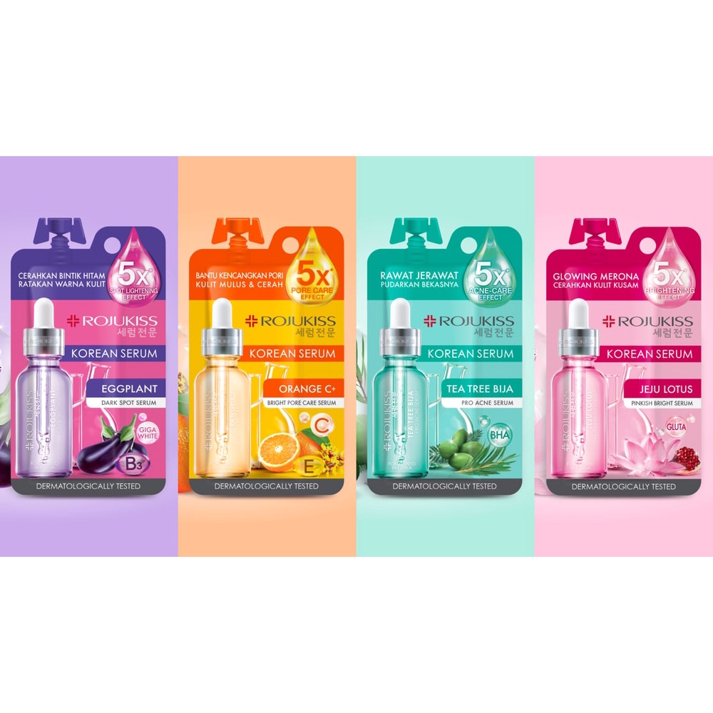 ROJUKISS Korean Serum (SACHET) Jeju Lotus Pinkish BRIGHT | Tea Tree Bija Pro ACNE | Orange C+ BRIGHT PORE | Eggplant DARK SPOT | ❤ jselectiv ❤ Serum Wajah ROJUKISS - ORI✔️KOREA✔️BPOM✔️MURAH✔️COD✔️