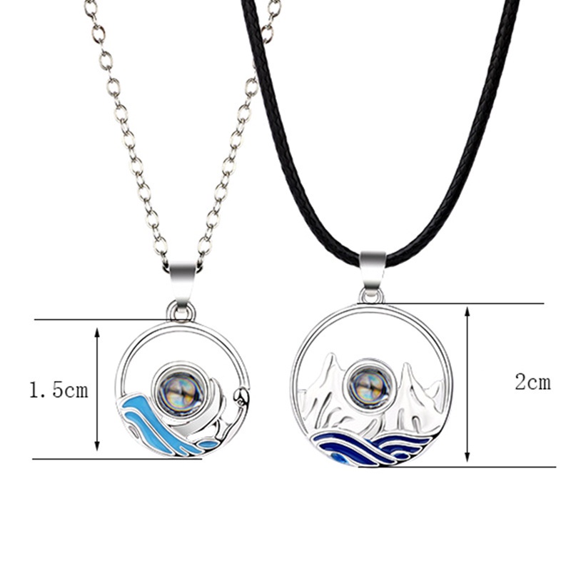 Black 2Pcs 100 Different Language I Love U Nanotechnology Lover Pendant Necklace Mountain Range Ocean Wave Lovers Jewelry Set