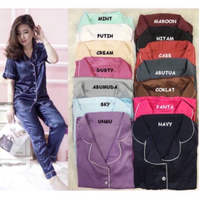 PC piyama pajamas satin baju lengan pendek celana panjang satin silky velvet
