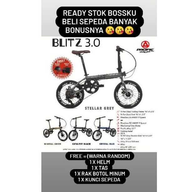 Sepeda Lipat 16 Pacific Blitz 3.0 9 Speed Free Helm Tas Murah / Folding Bike Ukuran 16 Pacific Blitz