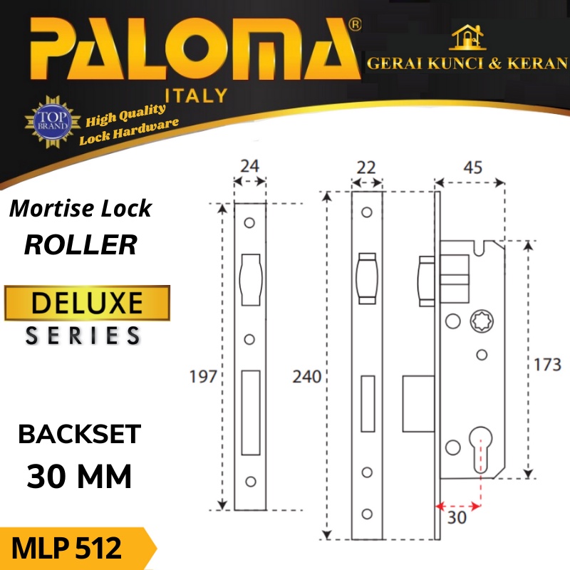 BODY KUNCI  PELOR PALOMA 30 MM MLP 512 STAINLESS STEEL SUS 304 MORTISE LOCK  DELUXE ROLLER